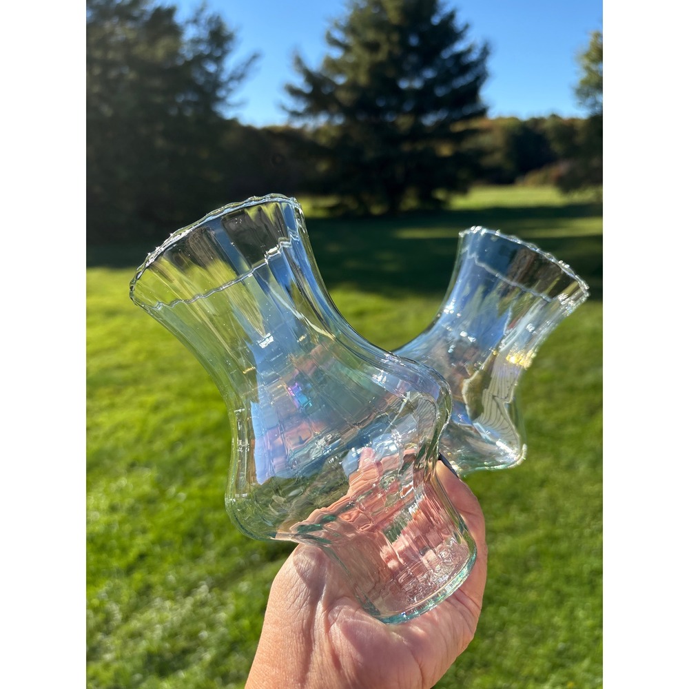 Vintage Iridescent Ribbed Glass Hurricane Candle Shade Chimney Set of 2
